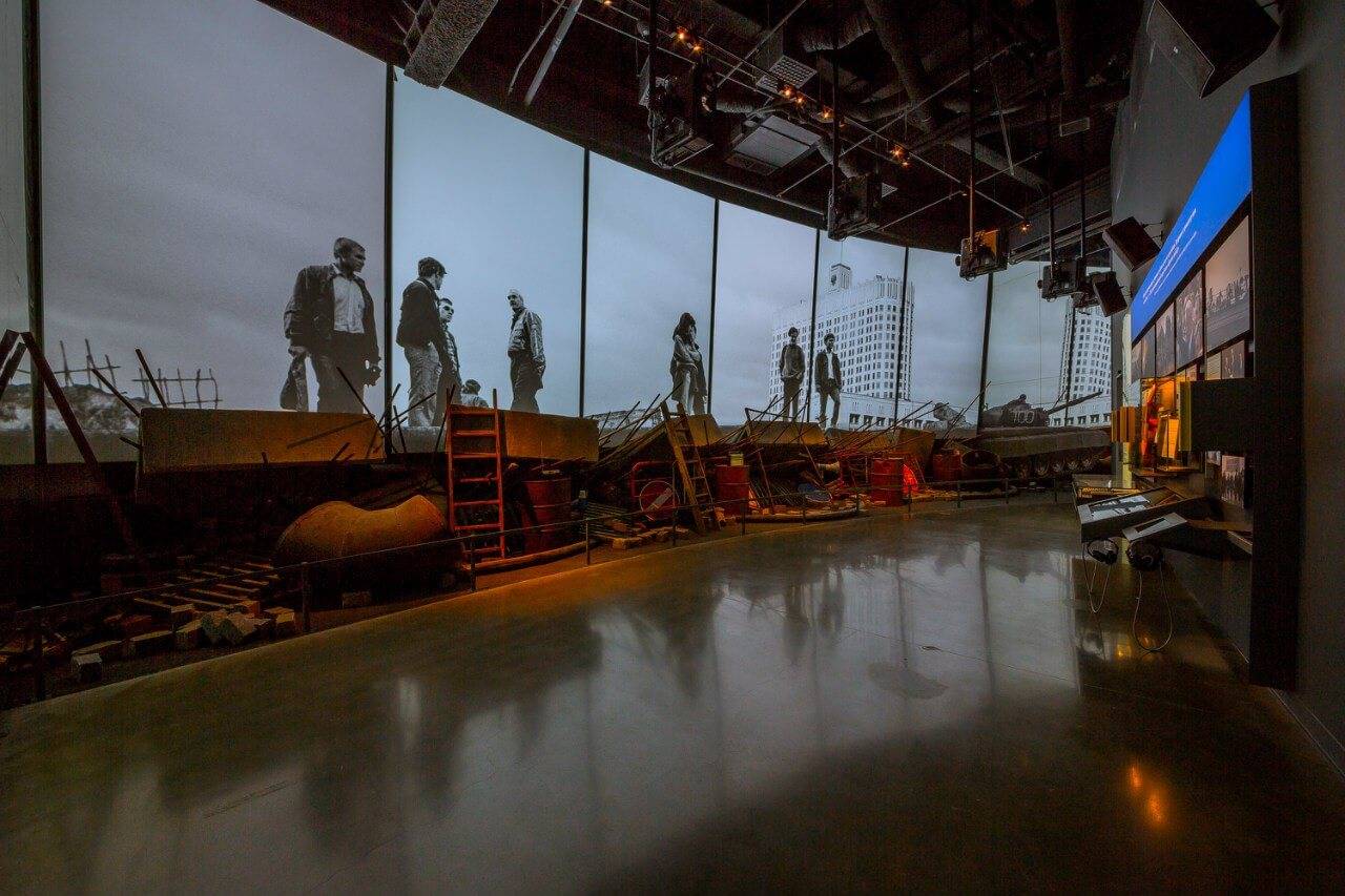 “August Coup” installations with barricades.